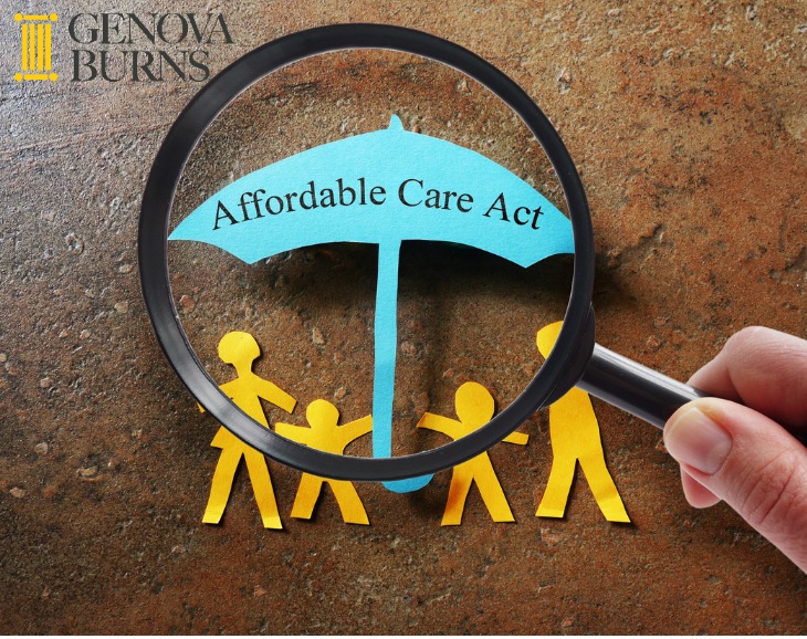 Paper cut out family under ACA umbrella with magnifying glass